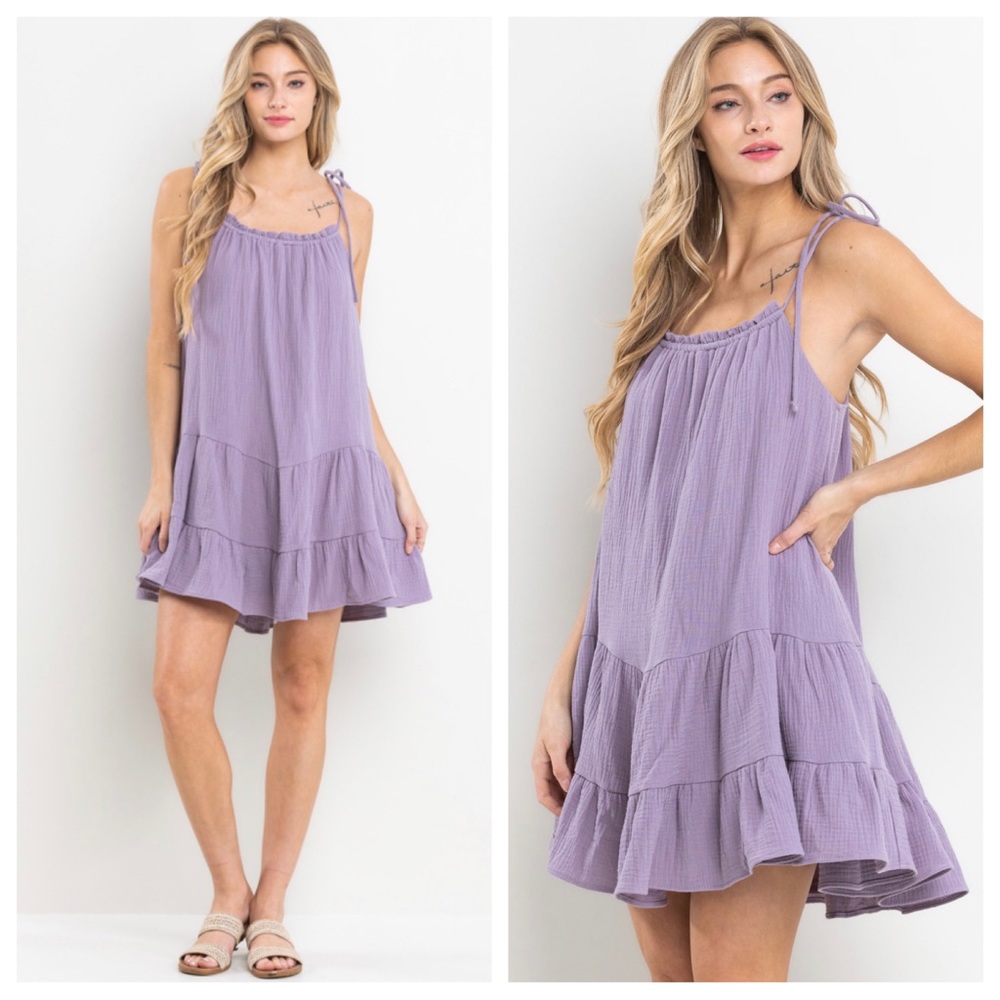 Boho Shirring Neck Self Tie Shoulder  Dress
